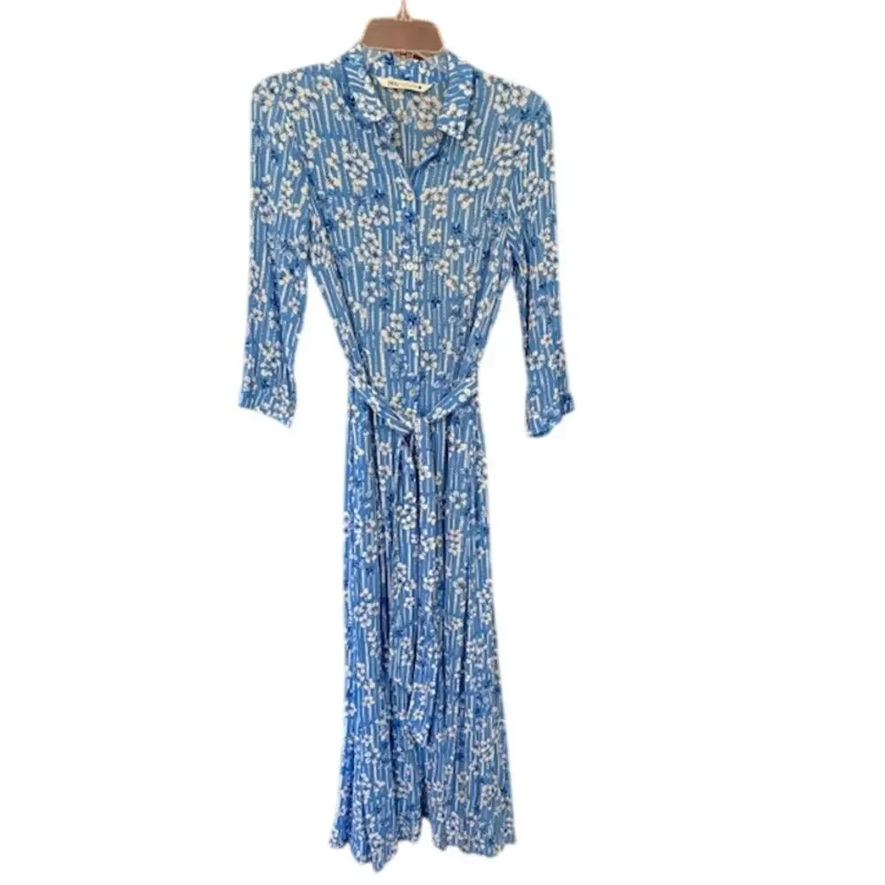 Zara “Marilyn” Belted Maxi Blue and White Floral Dress‎ Size Small - Picture 2 of 8
